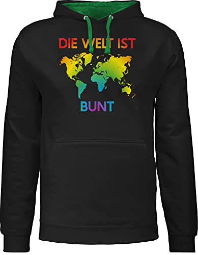 Shirtracer Pullover Herren Frauen Hoodie Kontrast zweifarbig - LGBTQ Kleidung Pride Flag - Die Welt ist bunt – Regenbogen Farben - XL - Schwarz/Grün - LGBT Gay CSD Bunte Fun-Sweatshirts lqbtq Lesbian von Shirtracer