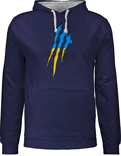 Shirtracer Pullover Herren Frauen Hoodie Kontrast zweifarbig - Länder Fahnen und Flaggen - Ukraine Krallenspuren - L - Navy Blau/Grau meliert - Pulli männer mit Kapuze Hoodies/pullis Kapuzenpulli von Shirtracer