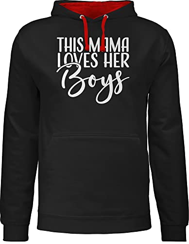 Pullover Herren Frauen Hoodie Kontrast zweifarbig - Damen - This Mama loves her boys - weiß - S - Schwarz/Rot - muttertag fuer mutter schöne geschenke für geschenk tag 2024 muttertagsgeschenke von Shirtracer