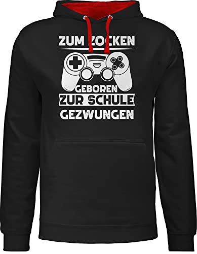 Pullover Herren Frauen Hoodie Kontrast zweifarbig - Nerd Geschenke - Zum zocken geboren Schule gezwungen - XL - Schwarz/Rot - zocker zock pulli gamer game hoody geek gaming mit kapuze nerds geming von Shirtracer