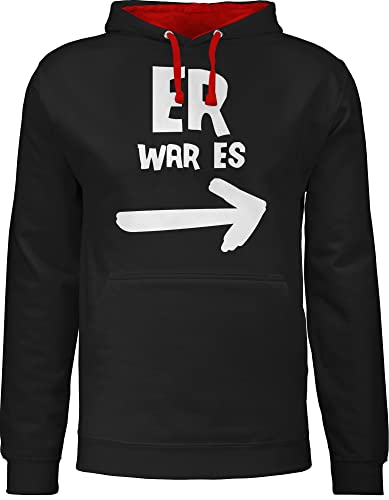 Pullover Herren Frauen Hoodie Kontrast zweifarbig - Sprüche Statement mit Spruch - Er war es - 3XL - Schwarz/Rot - sprüchen pulli damen drauf pollover lustige hoddis witzige hoodies damenhooddies von Shirtracer