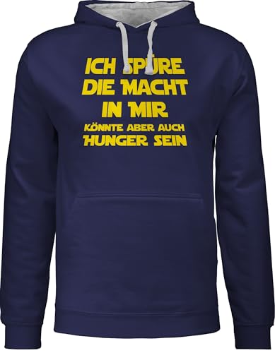 Pullover Herren Frauen Hoodie Kontrast zweifarbig - Sprüche Statement mit - Ich spüre die Macht in Mir könnte Aber auch Hunger Sein I Spruch Hunger - 3XL - Navy Blau/Grau meliert - Pulli sprueche von Shirtracer