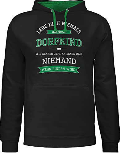 Pullover Herren Frauen Hoodie Kontrast zweifarbig - Sprüche Statement Spruch - Lege dich niemals mit einem Dorfkind an - XS - Schwarz/Grün - pulli männer leg hoodies/pullis pollover oberteil von Shirtracer