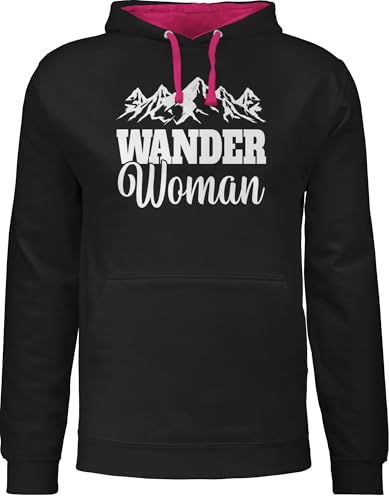 Pullover Herren Frauen Hoodie Kontrast zweifarbig - Wander Woman - S - Schwarz/Fuchsia - Sport Berg Fun-Kapuzenpullover Berge kapputzenpolover travel Pulli Bergen Hoody wandern mit Kapuze Wanderer von Shirtracer