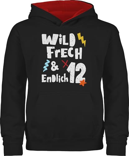 Shirtracer Pullover Kinder Hoodie Jungen Mädchen - 12. Geburtstag - Wild frech und endlich 12 - Zwölf Jahre Wunderbar - 152 (12/13 Jahre) - Schwarz/Rot - zwölfter Gift for Year Old von Shirtracer