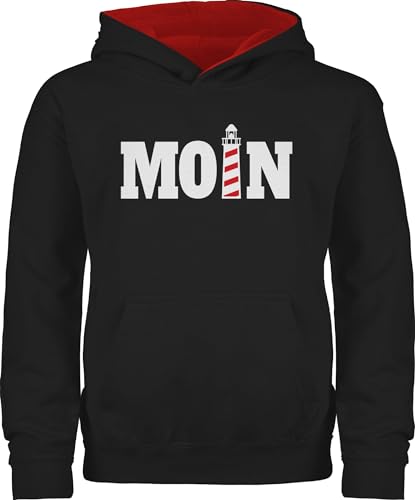 Pullover Kinder Hoodie Jungen Mädchen - Statement Sprüche - Moin mit Leuchtturm I - 140 (9/11 Jahre) - Schwarz/Rot - Pulli sprüchen Spruch Hamburg kinderpullover spruche nordsee pullis spruechen von Shirtracer