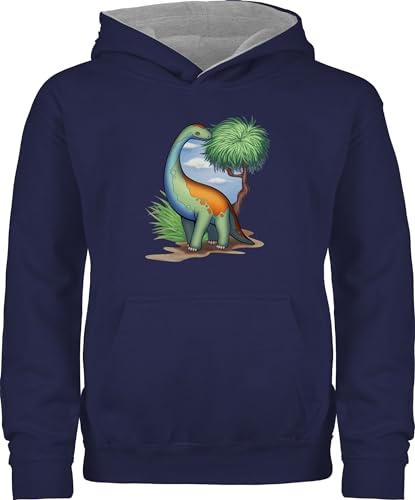 Shirtracer Pullover Kinder Hoodie Jungen Mädchen - Tiermotiv Animal Print - Dino - Langhals - 140 (9/11 Jahre) - Navy Blau/Grau meliert - tiermotive Dinosaurier kinderpulli tiermotiven Pulli Tier von Shirtracer