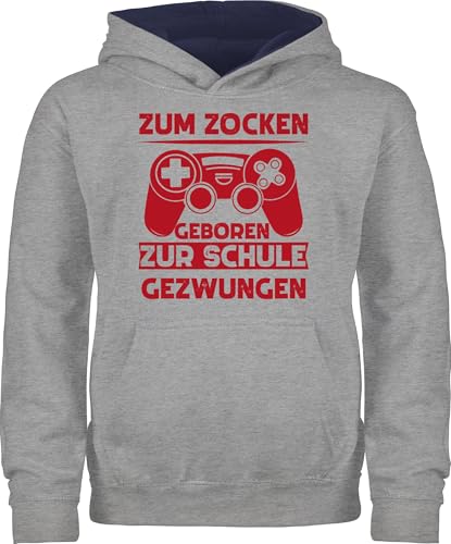 Pullover Kinder Hoodie Jungen Mädchen - Trend Kinderkleidung und Co - Zum zocken geboren zur Schule gezwungen - Lustig Gamer - 152 (12/13 Jahre) - Grau meliert/Navy Blau - kind gaming pulli von Shirtracer