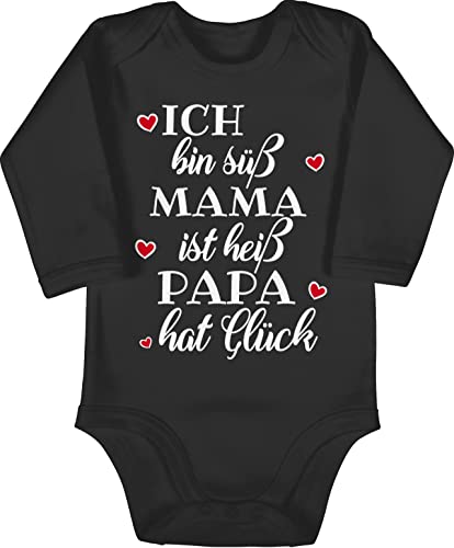 Shirtracer Baby Body langarm Mädchen Junge - Sprüche - Ich bin süß Mama ist heiß Papa hat Glück Herzen - 3/6 Monate - Schwarz - mit aufschrift daddy babybodys bodys lustige babygeschenke papas von Shirtracer