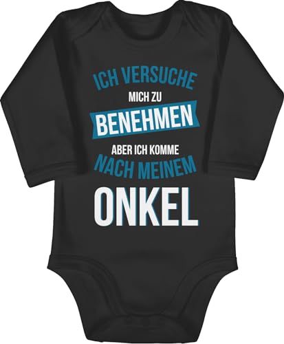 Baby Body langarm Mädchen Junge - Sprüche - Ich versuche mich zu benehmen aber ich komme nach meinem Onkel - 3/6 Monate - Schwarz - babygeschenk vom klamotten spruch uncle strampler geschenk von Shirtracer