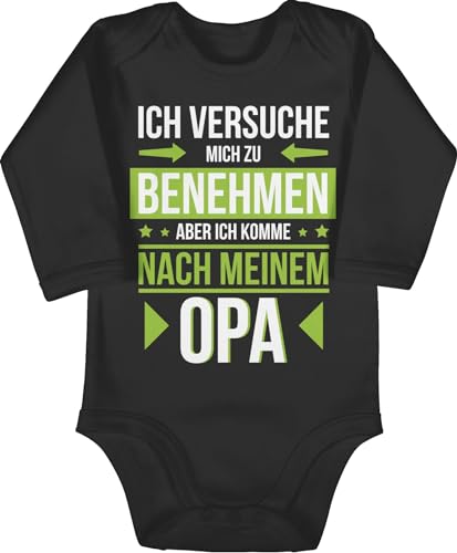 Baby Body langarm Mädchen Junge - Sprüche - Ich versuche mich zu benehmen aber ich komme nach meinem Opa grün - 3/6 Monate - Schwarz - strampler enkelkind babygeschenke spruch hallo babybody von Shirtracer