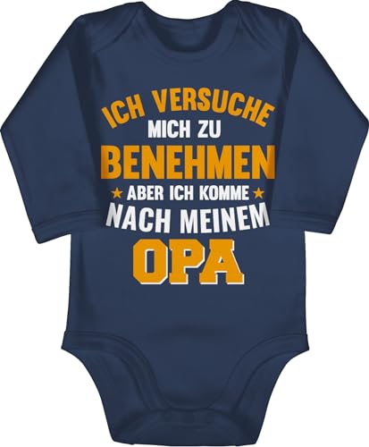 Baby Body langarm Mädchen Junge - Sprüche - Ich versuche mich zu benehmen aber ich komme nach meinem Opa orange - 6/12 Monate - Navy Blau - großeltern strampler babygeschenke spruch grandpa von Shirtracer
