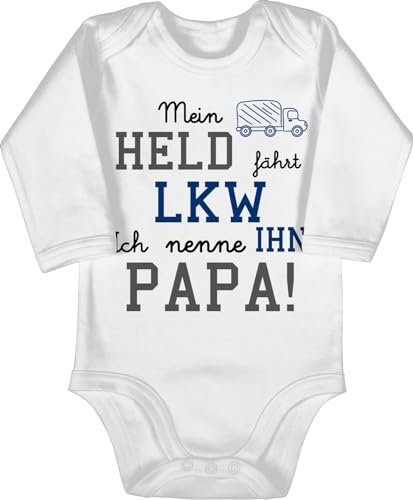 Baby Body langarm Mädchen Junge - Sprüche - Mein Held fährt LKW - 3/6 Monate - Weiß - vatertagsgeschenk babygeschenke spruch dad bodys babygeschenk spruche papa babybody baby-geschenke sprüchen von Shirtracer