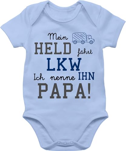 Baby Body Junge Mädchen - Sprüche - Mein Held fährt LKW - 3/6 Monate - Babyblau - vatertagsgeschenk babymode witzig spruch dad bodys vatertag kurzarm strampler mit lustigen sprüchen spruche papa von Shirtracer