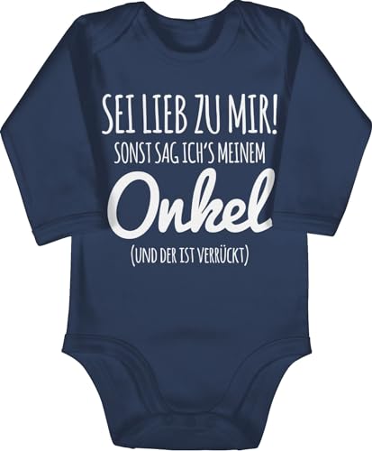Baby Body langarm Mädchen Junge - Sprüche - Sei lieb zu mir sonst sag ichs meinem Onkel I - 6/12 Monate - Navy Blau - geschenk für nichte babygeschenke spruch uncle babybody mit babygeschenk von Shirtracer