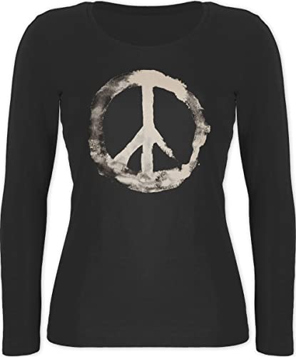 Langarmshirt Damen - Sprüche Statement - Frieden - Peacesymbol Weiss - L - Schwarz - mit Aufschrift Peace Zeichen Shirt Langarm Hippie Tshirt Statements Hippy t-Shirt Friedens Peace-Zeichen von Shirtracer