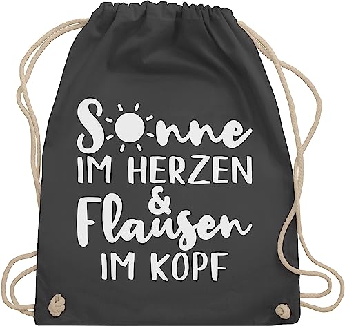 Turnbeutel Rucksack - Sprüche Statement mit Spruch - Sonne im Herzen und Flausen im Kopf - Unisize - Dunkelgrau - beuteltasche damen sprüchen sprüche, stoffrucksack geschenk zur einschulung von Shirtracer