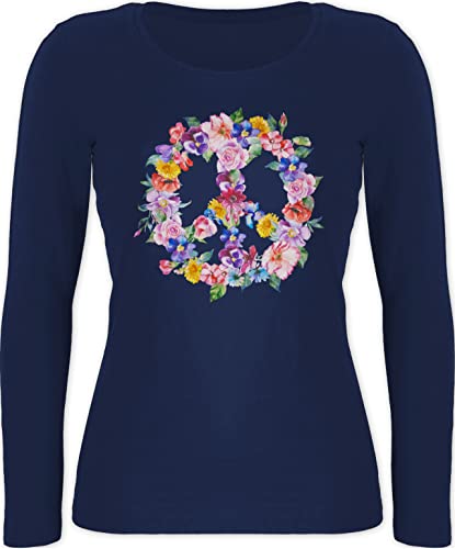 Langarmshirt Damen - Sprüche Statement - Peace Zeichen mit bunten Blumen - XL - Marineblau - Flower Hippie Langarm Outfit 70er Jahre Print Flowers Shirt Oberteil Love t t-Shirt Bunte bunt Power von Shirtracer