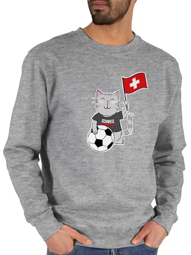 Sweater Pullover Sweatshirt Herren Damen - EM WM - Fußball Katze Schweiz - S - Grau meliert - europameisterschaft fussball fu ball em- fanartikel em24 fussball-wm fußballer fußball-fanartikel von Shirtracer