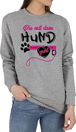 Sweater Pullover Sweatshirt Herren Damen - Geschenk für Hundebesitzer - Die mit dem Hund geht - schwarz/fuchsia - L - Grau meliert - haustierhoodie hundesprueche hunden spruechen hundesprüchen von Shirtracer