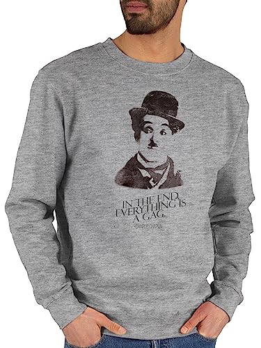 Sweater Pullover Sweatshirt Herren Damen - Vintage Retro - Charlie Chaplin - in the end, everything is a gag - L - Grau meliert - sprüche statement mit spruch chaplin, statements aufschrift von Shirtracer