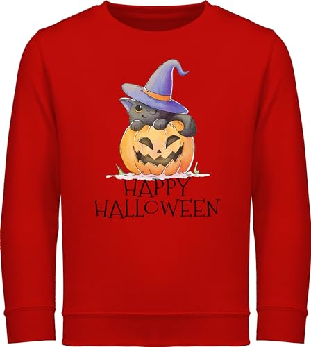 Sweatshirt Kinder Pullover für Jungen Mädchen - Happy Halloween - mit Hut Katze und Kürbis - 104 (3/4 Jahre) - Rot - helloween gesicht haloween halooween costum grusel horror gruselige gruseliges von Shirtracer