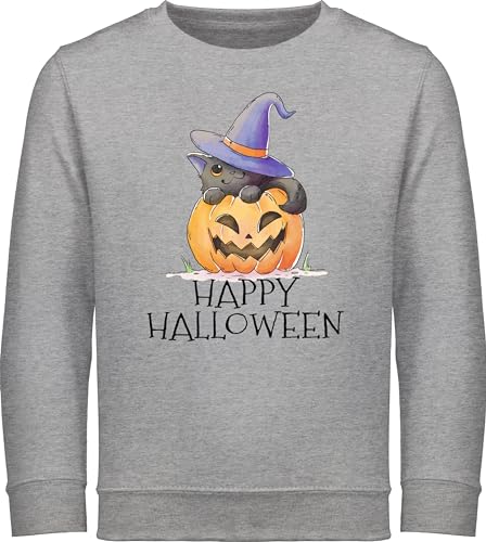 Sweatshirt Kinder Pullover für Jungen Mädchen - Happy Halloween - mit Hut Katze und Kürbis - 140 (9/11 Jahre) - Grau meliert - halooween costum gesicht haloween grusel helloween horror gruseliges von Shirtracer