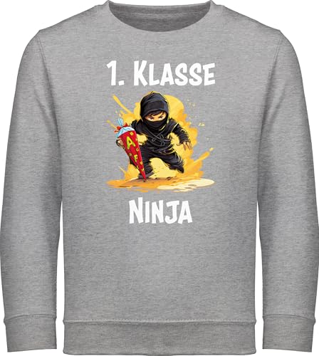 Sweatshirt Kinder Pullover für Jungen Mädchen - Junge - Ninja Einschulung Schulkind Schulanfang 1. Klasse Erste - 128 (7/8 Jahre) - Grau meliert - schulanfang+kleidung+mädchen schulanfänger von Shirtracer