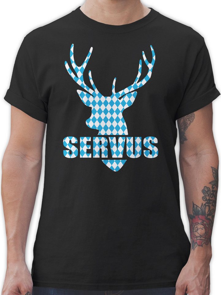 Shirtracer T-Shirt Servus - Hirsch mit bayrischem Muster Mode für Oktoberfest Herren von Shirtracer