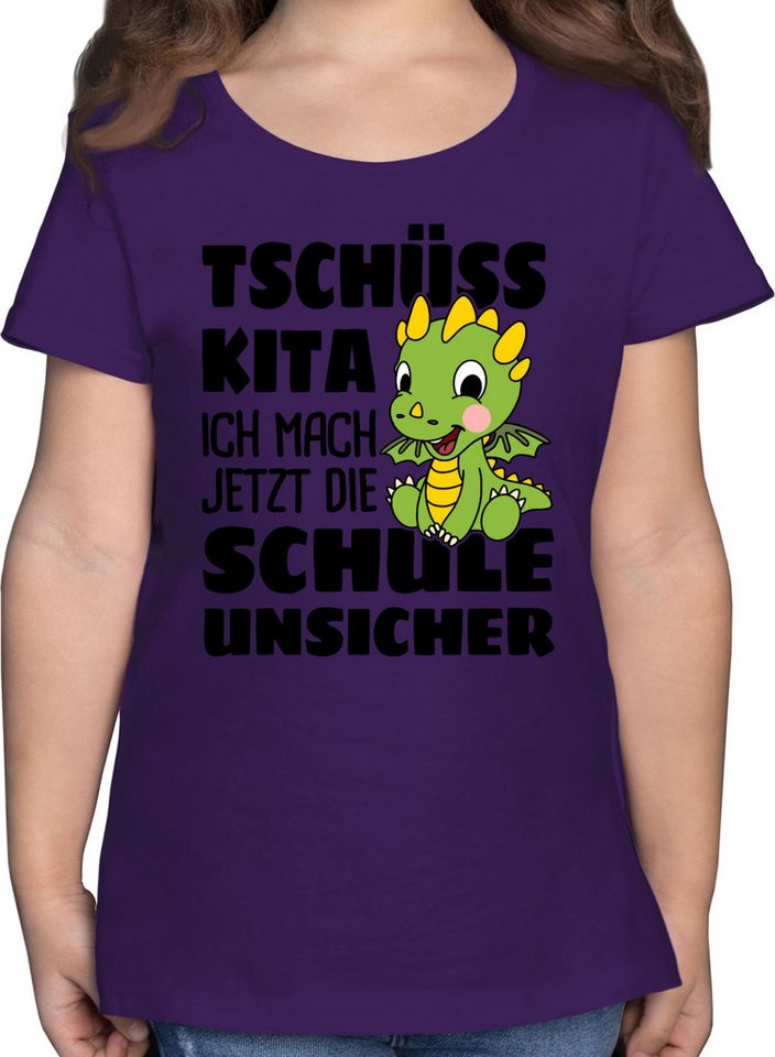 Shirtracer T-Shirt Tschüss Kita ich mach jetzt die Schule unsicher! Mit grünem Drachen Einschulung Mädchen von Shirtracer