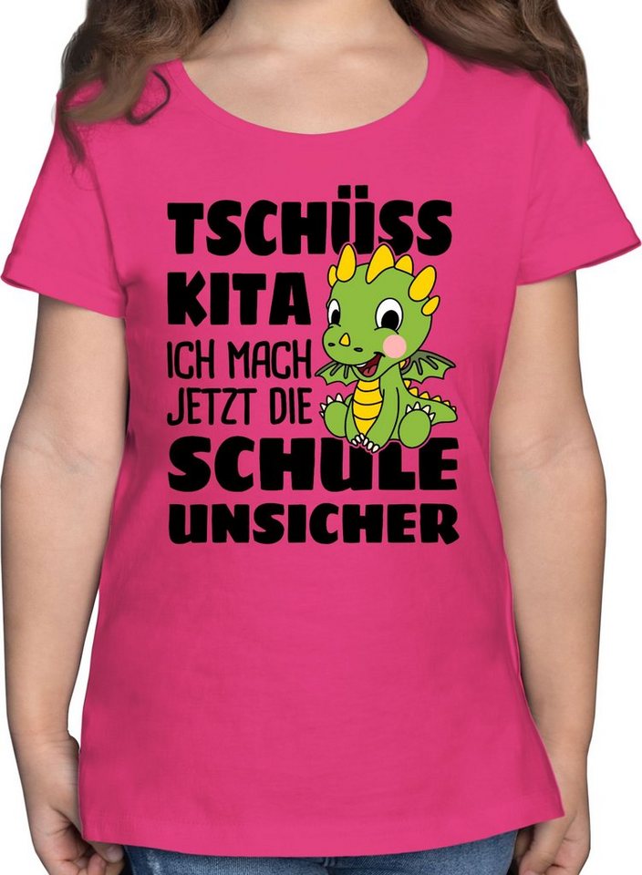 Shirtracer T-Shirt Tschüss Kita ich mach jetzt die Schule unsicher! Mit grünem Drachen Einschulung Mädchen von Shirtracer