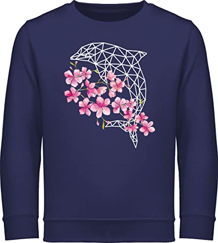 Sweatshirt Kinder Pullover für Jungen Mädchen - Tiermotiv Animal Print - Delfin mit Blumen - 152 (12/13 Jahre) - Navy Blau - tiermotive dolphin reitpullover tiermotiven delphin kinderpulli tier von Shirtracer