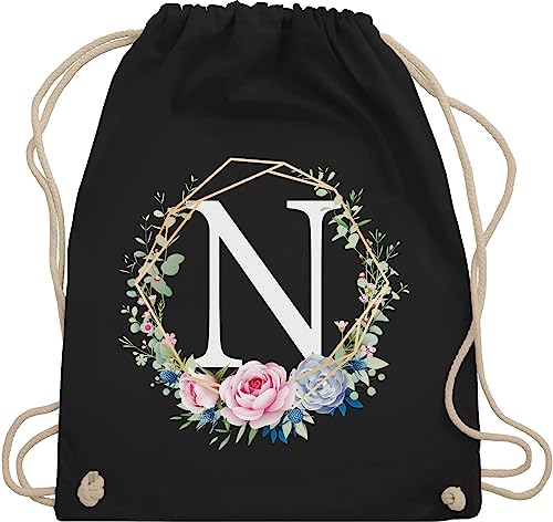 Shirtracer Turnbeutel Rucksack - Geschenk Initialen - Tasche - Blumenkranz mit Buchstabe N - Unisize - Schwarz - buchstaben anfangsbuchstabe juterucksack anfangsbuchstaben beutel beuteltasche stoff von Shirtracer