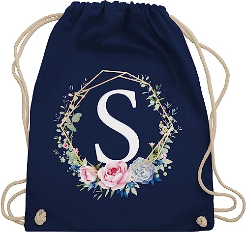 Shirtracer Turnbeutel Rucksack - Geschenk Initialen - Tasche - Blumenkranz mit Buchstabe S - Unisize - Navy Blau - turnsackerl kindergarten kinder kita beutel buchstaben anfangsbuchstaben und blumen von Shirtracer