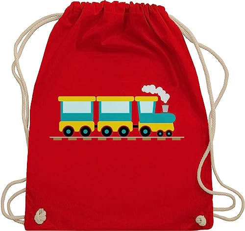 Turnbeutel Rucksack - Kinder Traktor Bagger und Co. - Eisenbahn - Unisize - Rot - kindergarten stoffbeutel kinderrucksack fahrzeuge zug beutel baumwolle flugzeugen züge sportbeutel für dampflok von Shirtracer