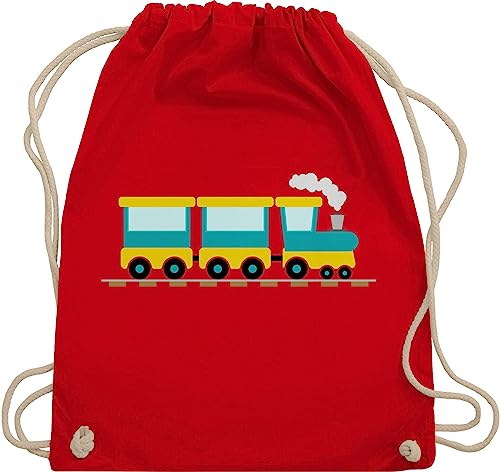 Turnbeutel Rucksack - Kinder Traktor Bagger und Co. - Eisenbahn - Unisize - Rot - kindergarten stoffbeutel kinderrucksack fahrzeuge zug beutel kindergartenrucksack für flugzeugen züge sportbeutel von Shirtracer