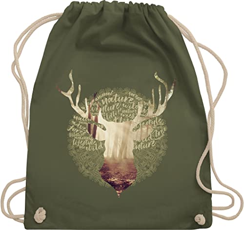 Turnbeutel Rucksack - Kompatibel mit Oktoberfest Tasche - Hirsch Jäger - Unisize - Olivgrün - sportbeutel baumwolle bayerisches hirschgeweih kinderbeutel bavarian tracht geweih beuteltasche von Shirtracer