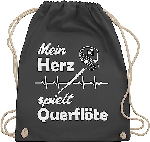 Shirtracer Turnbeutel Rucksack - Musik Instrument Zubehör - Mein Herz spielt Querflöte Herzschlag - Unisize - Dunkelgrau - instrumente kind querflöten stoffbeutel für musiker querfloete juterucksäcke von Shirtracer