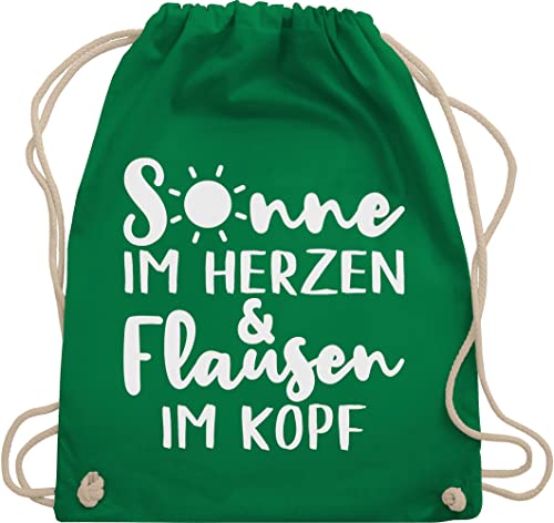 Turnbeutel Rucksack - Sprüche Statement mit Spruch - Sonne im Herzen und Flausen im Kopf - Unisize - Grün - juterucksack damen sprüchen sprueche beutelrucksack baumwollbeutel kordel sprüche, bag von Shirtracer