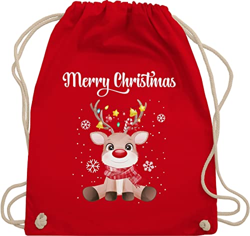 Turnbeutel Rucksack - Weihnachten - Taschen - Merry Christmas süßes Rentier | Rudolph Elch Rudolf - Unisize - Rot - weihnachtsmotiv schneeflocken weihnacht weihnachts weihnachtsgeschenke von Shirtracer