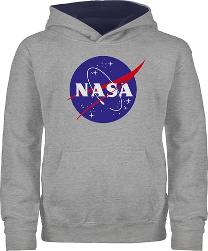 Pullover Kinder Hoodie Jungen Mädchen - Trend Kinderkleidung und Co - Raumfahrt NASA Meatball Logo I - 128 (7/8 Jahre) - Grau meliert/Navy Blau - Space Kapuzenpulli Patch kinderpulli Sternen von Shirtracer