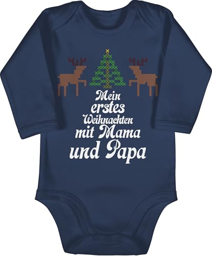 Baby Body langarm Mädchen Junge - Geschenke Christmas - Ugly sweater - Mein erstes Weihnachten - Rentiere - 3/6 Monate - Navy Blau - weihnachtsstrampler weihnachtsmotiv mama strampler von Shirtracer