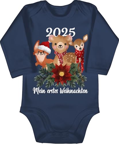 Baby Body langarm Mädchen Junge - Geschenke Christmas - 2025 Mein erstes Weihnachten mit süßen Tieren - weiß - 3/6 Monate - Navy Blau - weihnachtsstrampler weihnachtsmotiv tier bodys weihnacht von Shirtracer
