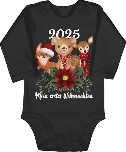 Baby Body langarm Mädchen Junge - Geschenke Christmas - 2025 Mein erstes Weihnachten mit süßen Tieren - weiß - 6/12 Monate - Schwarz - weihnachtsstrampler weihnachtsmotiv tier bodys weihnacht von Shirtracer