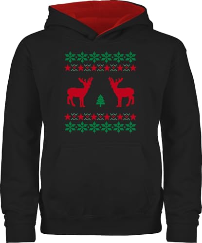 Pullover Kinder Hoodie Jungen Mädchen - Geschenke Christmas - Norweger Pixel Rentier Weihnachten - 116 (5/6 Jahre) - Schwarz/Rot - weihnachtspulli weihnachtshoodie weihnachtsmotiv Reindeer Pulli von Shirtracer