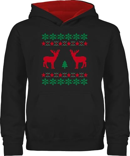 Pullover Kinder Hoodie Jungen Mädchen - Geschenke Christmas - Norweger Pixel Rentier Weihnachten - 128 (7/8 Jahre) - Schwarz/Rot - Hoody Weihnachtspullover weihnachtshoodies Weihnachts weihnacht von Shirtracer