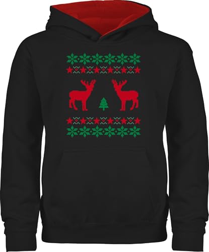 Pullover Kinder Hoodie Jungen Mädchen - Geschenke Christmas - Norweger Pixel Rentier Weihnachten - 140 (9/11 Jahre) - Schwarz/Rot - weihnachtspulli weihnachtshoodie weihnachtsmotiv Reindeer Pulli von Shirtracer