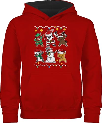 Pullover Kinder Hoodie Jungen Mädchen - Weihnachten Geschenke Christmas - Dabbing Weihnachtsfiguren I Schneemann I Weihnachtsmann I Rentier - 152 (12/13 Jahre) - Rot/Schwarz von Shirtracer