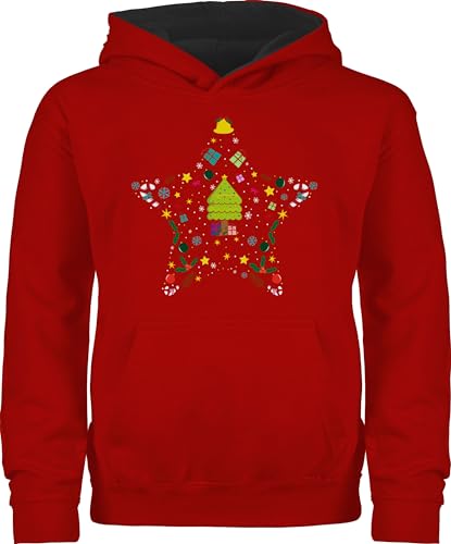 Pullover Kinder Hoodie Jungen Mädchen - Geschenke Christmas - Weihnachtsstern I Weihnachtsmotiv I Weihnachten - 140 (9/11 Jahre) - Rot/Schwarz - weihnachtspulli weihnachtshoodie weihnacht Stern von Shirtracer
