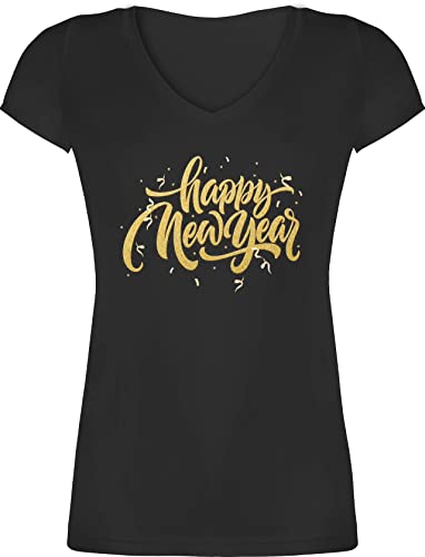 T-Shirt Damen V Ausschnitt - Silvester Erwachsene - Happy New Year - L - Schwarz - Sylvester Shirt Oberteil Oberteile Party Tshirt Outfit zu 2024 Tshirts Years neujahr t für Geschenk t-Shirts von Shirtracer